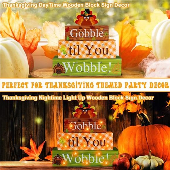 Thanksgiving Wooden Block Sign with Led Lights- Gobble til You Wobble - Picture 6 of 6